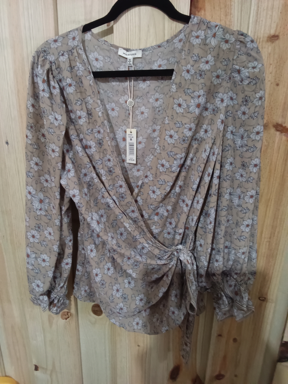 Max Studio Taupe Floral Wrap Blouse with Tie. NWT Oversized